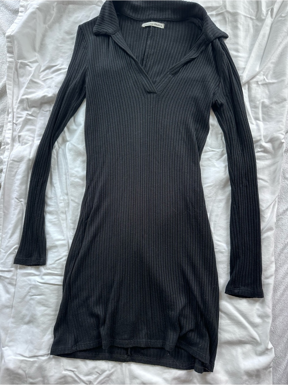 Reformation Black Ribbed Long-Sleeve Collared Mini Dress